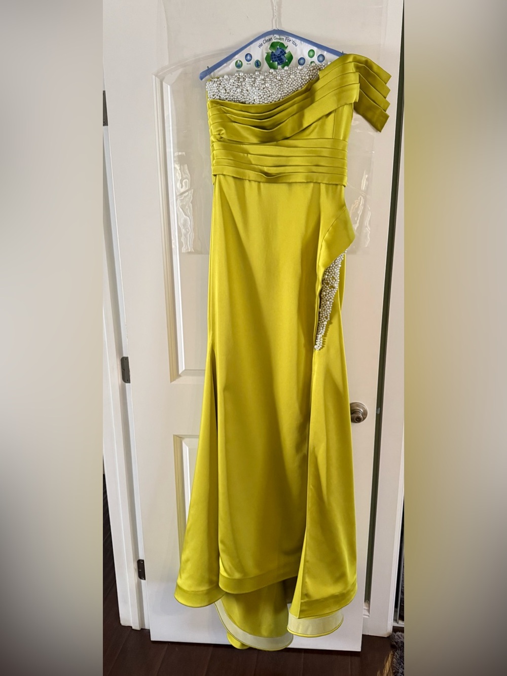 Lime Green One-Shoulder Evening Gown with Pearl Embellishment